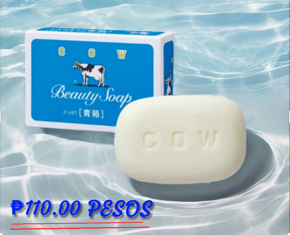 Cow Beauty Soap Blue Box placed on clear water surface, Japanese made moisturizing bath soap. Price ₱110.00 — mas mura kaysa iba, sikat sa Japan for fresh and clean skin