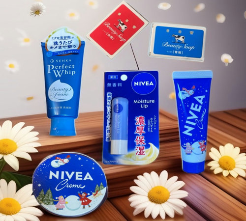 Popular Japanese skincare items – Nivea, Beauty Soap, and Senka Perfect Whip
