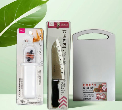 Japanese kitchen tools — hole-type knife, quick sharpener, and antibacterial cutting board