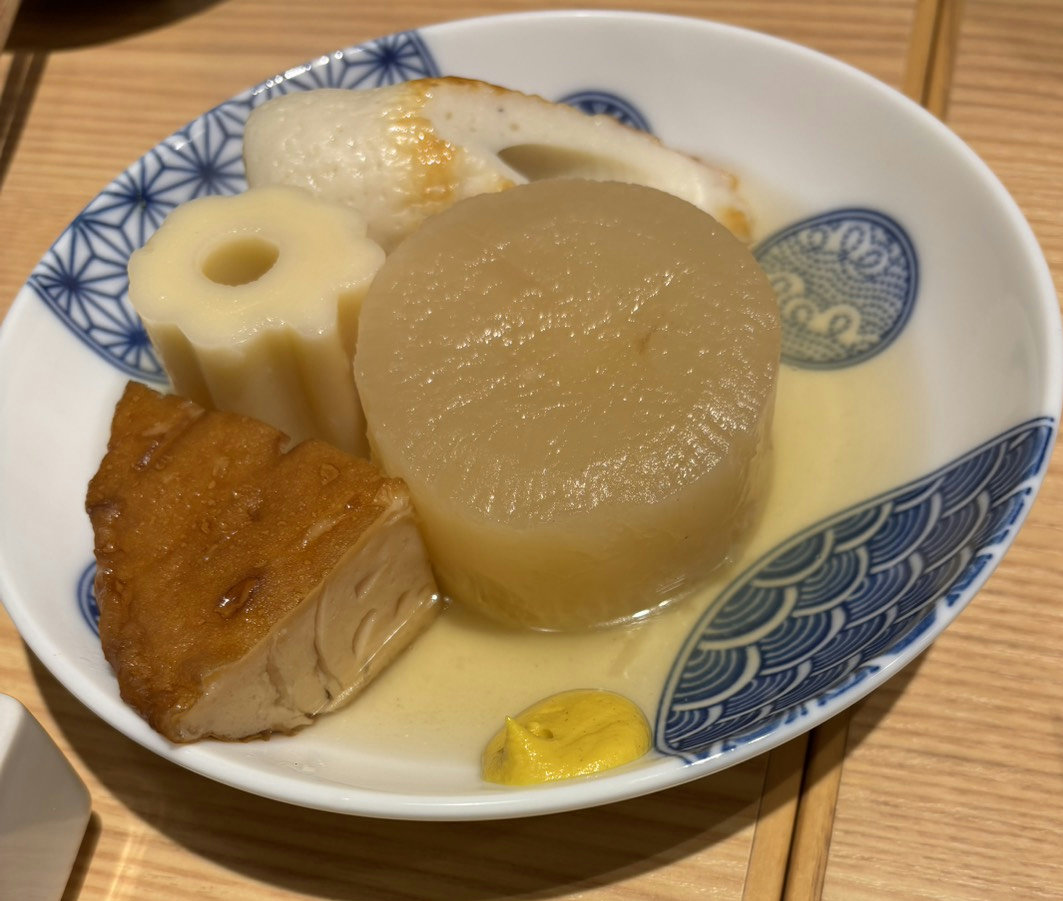 Oden assorted bowl with daikon, chikuwa and tofu in light dashi broth at Ninoya Tokyo.