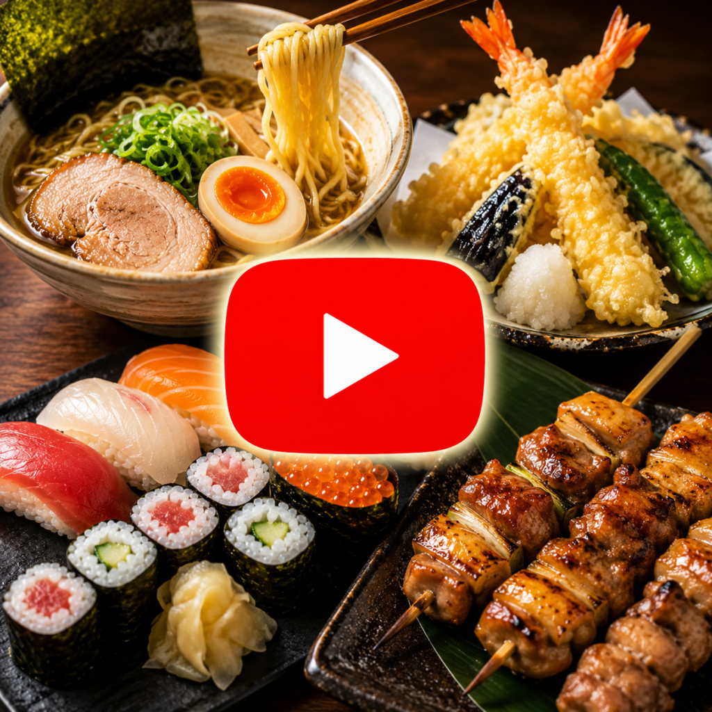 Japanese foods including ramen, sushi, tempura, and grilled dishes with a play icon, linking to Bacal Eats Japan on YouTube.