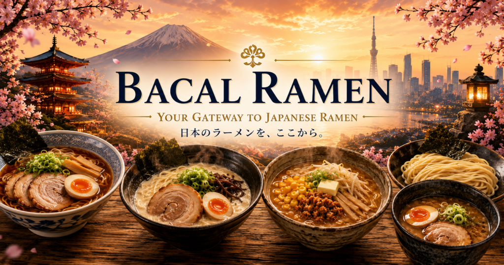 Bacal Ramen banner featuring shoyu, tonkotsu, miso and tsukemen-style ramen with Mount Fuji, cherry blossoms and a Tokyo skyline in the background