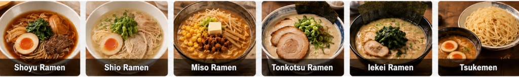 A horizontal row of Japanese ramen type icons showing shoyu ramen, shio ramen, miso ramen, tonkotsu ramen, iekei ramen, and tsukemen.