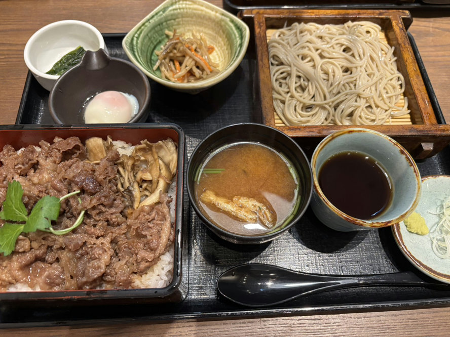 Wagyu sukiyaki rice, soba noodles, miso soup, soft-boiled egg, and side dishes served as a Japanese set meal at Echigo Kanouya in Lazona Kawasaki Plaza Wagyu sukiyaki rice, soba noodles, miso soup, soft-boiled egg, and side dishes served as a Japanese set meal at Echigo Kanouya in Lazona Kawasaki Plaza Wagyu sukiyaki rice, soba noodles, miso soup, soft-boiled egg, and side dishes served as a Japanese set meal at Echigo Kanouya in Lazona Kawasaki Plaza