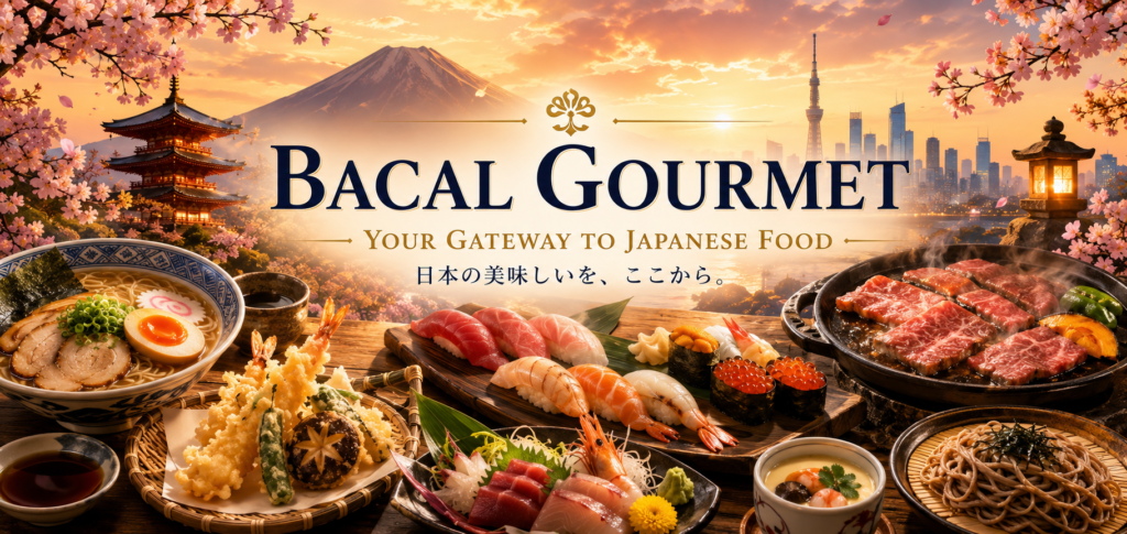 Bacal Gourmet banner featuring ramen, sushi, tempura, sashimi, yakiniku, soba and other Japanese dishes with Mount Fuji and a Japanese cityscape in the background