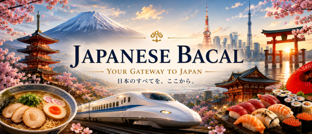 Japanese Bacal homepage banner featuring Mount Fuji, Tokyo skyline, Shinkansen, Japanese temples, cherry blossoms, ramen, sushi, and iconic Japanese landmarks.