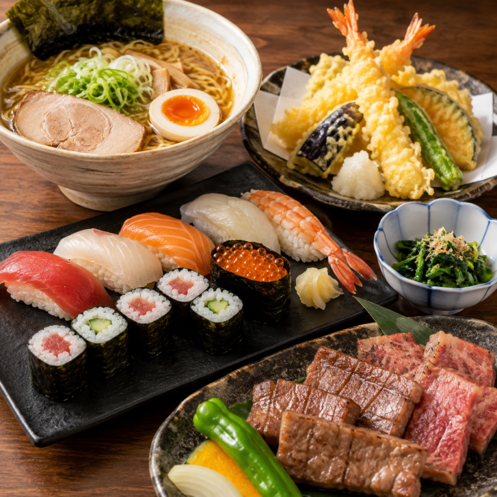A variety of Japanese foods including ramen, sushi, tempura, and grilled beef, used as a link to the Bacal Japanese Gourmet guide.