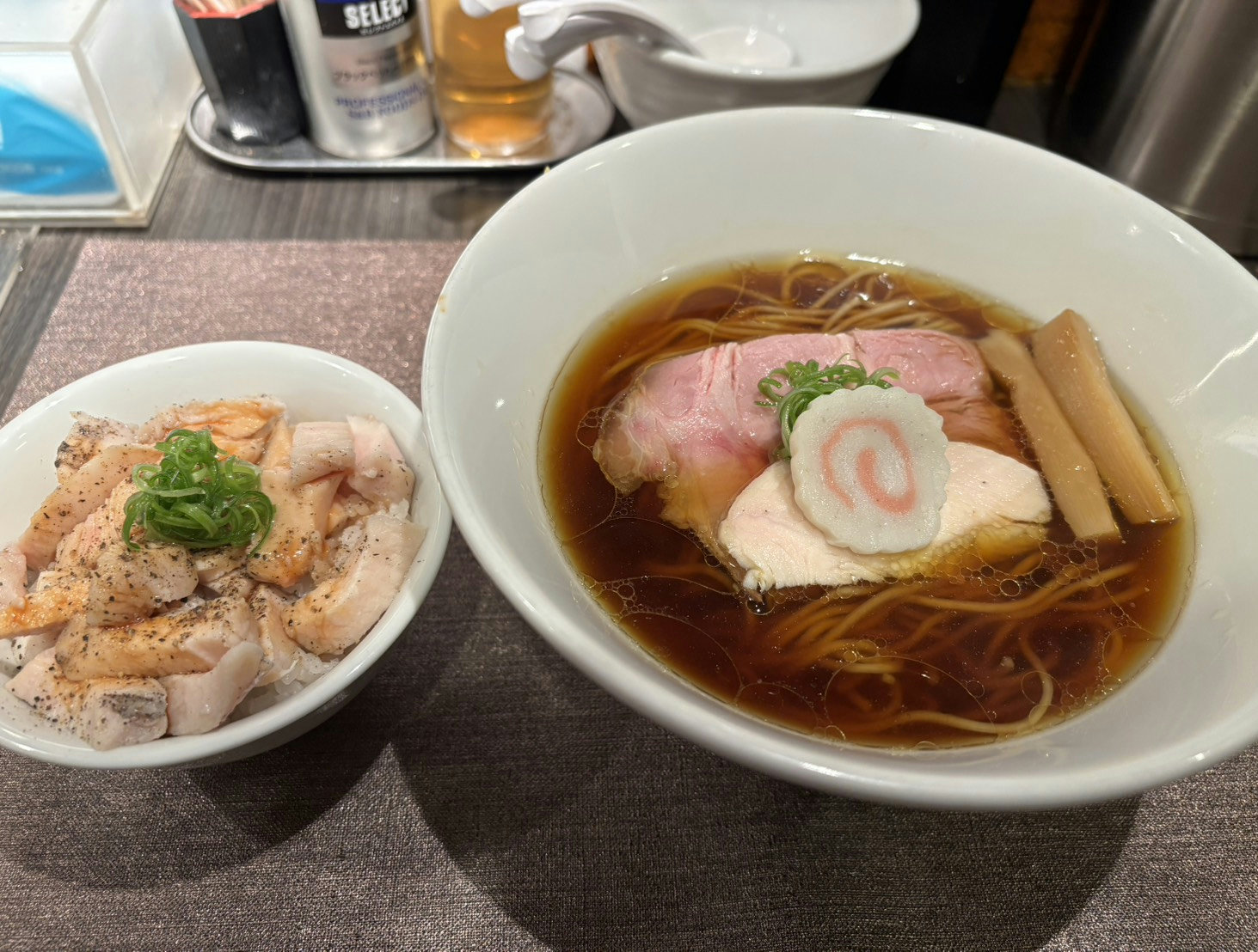 Shoyu ramen lunch set at Korindo in Shinbashi, Tokyo featuring a clear rich broth, tender chicken chashu, and handmade noodles.
