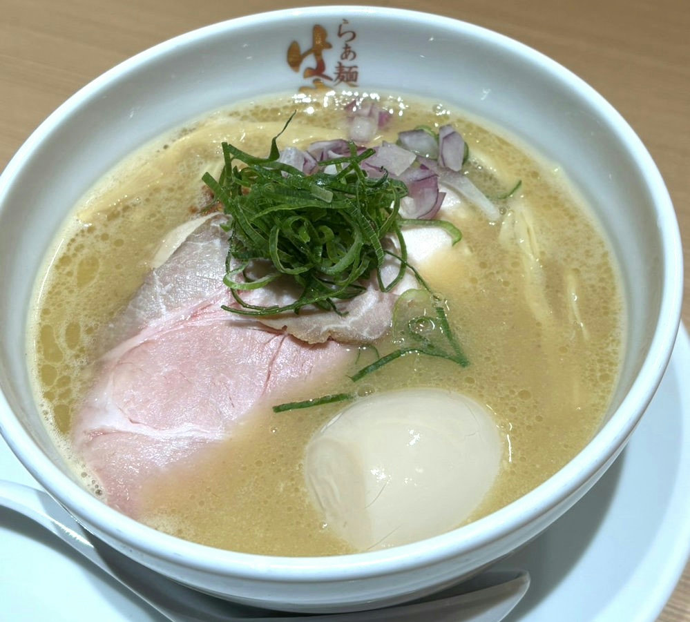 A bowl of chicken paitan ramen served at Hayashida Shimbashi in Tokyo.