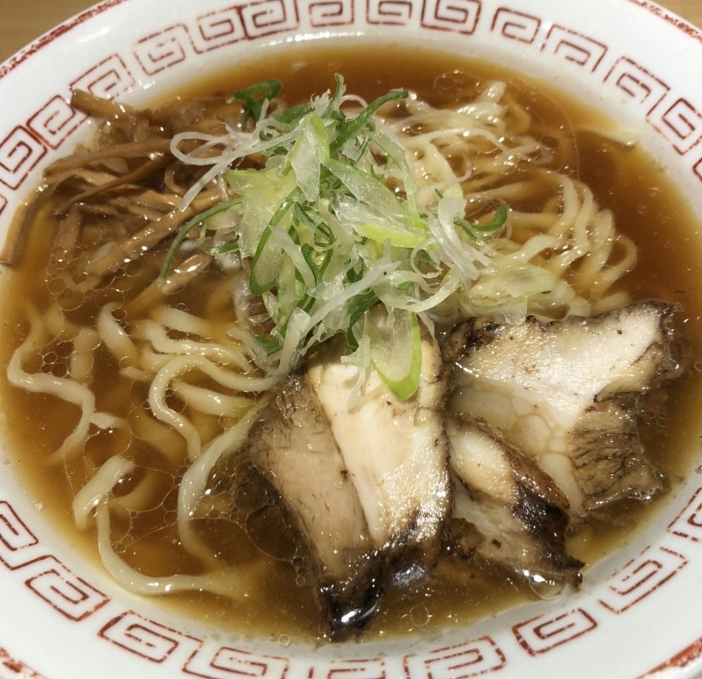 A bowl of Kitakata-style shoyu ramen served at Kitakata Shokudo in Shimbashi, Tokyo.