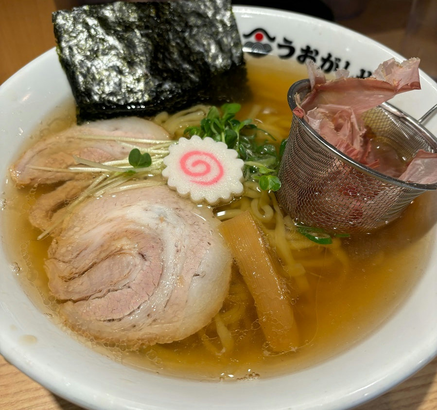 A bowl of shoyu ramen served at Sushi and Ramen Uogashiya in Shimbashi, Tokyo.